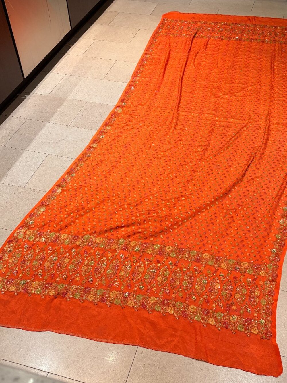 Gorgeous Vintage Indian Orange Silk Sheer Sari Dupatta-Hand Embroidery